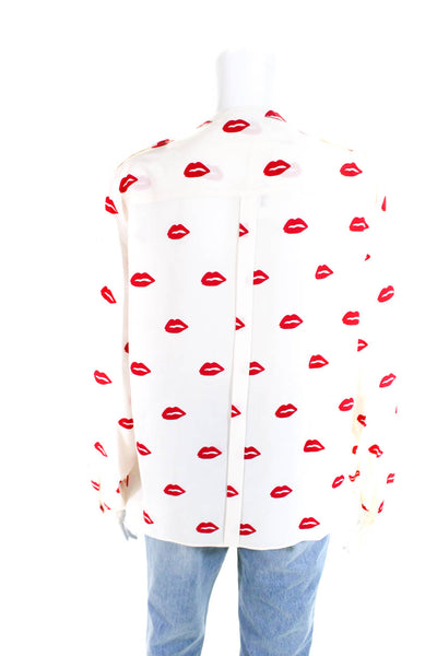 American Retro Womens White Lips Print Silk Long Sleeve Blouse Top Size 40