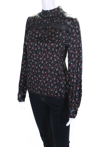 Intermix Womens Silk Floral Print Keyhole Back Long Sleeve Blouse Black Size 6