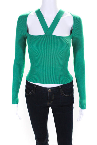Intermix Womens Accordion Knit Long Sleeve Square Neck Cut Out Top Green Size P