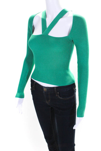 Intermix Womens Accordion Knit Long Sleeve Square Neck Cut Out Top Green Size P