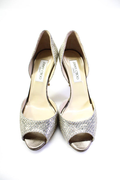 Jimmy Choo Womens Stiletto Metallic Dorsay Peep Toe Pumps Silver Tone Size 38.5