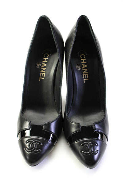 Chanel Womens Stiletto Interlocking CC Cap Toe Pumps Black Leather Size 39.5