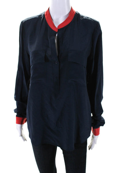 Vince Womens Silk Two-Toned Round Neck Button Up Pullover Blouse Top Navy Size 6