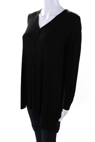 Eileen Fisher Womens Silk V-Neck Long Sleeve Button Up Blouse Top Black Size S