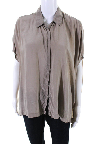 Eileen Fisher Womens Silk Short Sleeve Button Down Blouse Beige Size XS