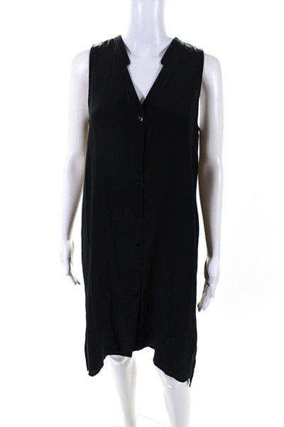Eileen Fisher Womens Silk Sleeveless V Neck Button Down Shift Dress Black Size S