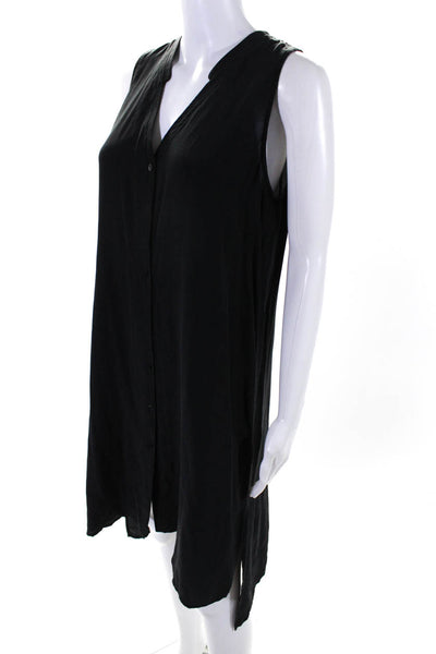 Eileen Fisher Womens Silk Sleeveless V Neck Button Down Shift Dress Black Size S