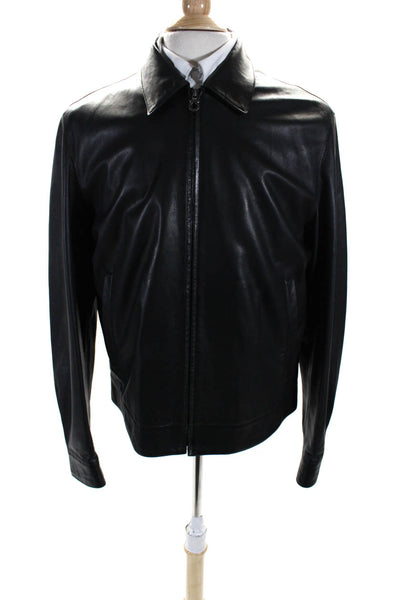 Salvatore Ferragamo Mens Front Zip Collared Leather Jacket Black Size IT 52