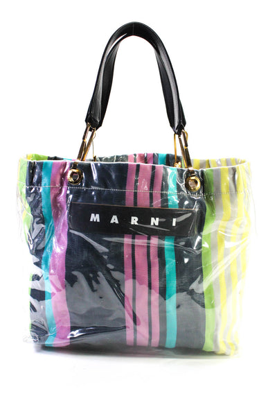 Marni Womens Double Handle Glossy Grip Logo Striped Tote Handbag Multicolored