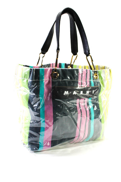 Marni Womens Double Handle Glossy Grip Logo Striped Tote Handbag Multicolored