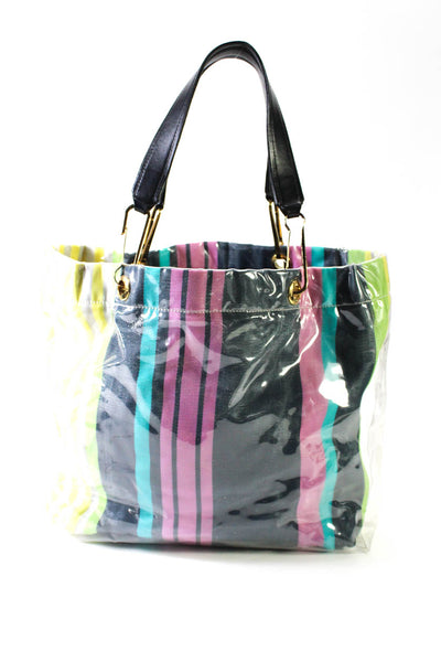 Marni Womens Double Handle Glossy Grip Logo Striped Tote Handbag Multicolored