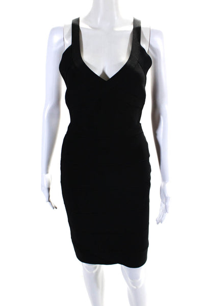 Herve Leger Womens V-Neck Zip Up Strappy Bandage Bodycon Dress Black Size M