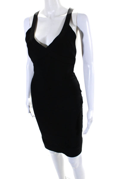 Herve Leger Womens V-Neck Zip Up Strappy Bandage Bodycon Dress Black Size M