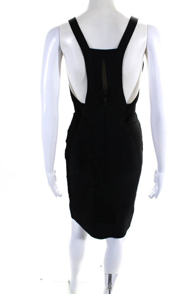 Herve Leger Womens V-Neck Zip Up Strappy Bandage Bodycon Dress Black Size M