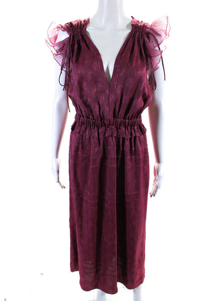 Isabel Marant Metallic Satin Ruffled V-Neck A-Line Maxi Dress Raspberry Size 36