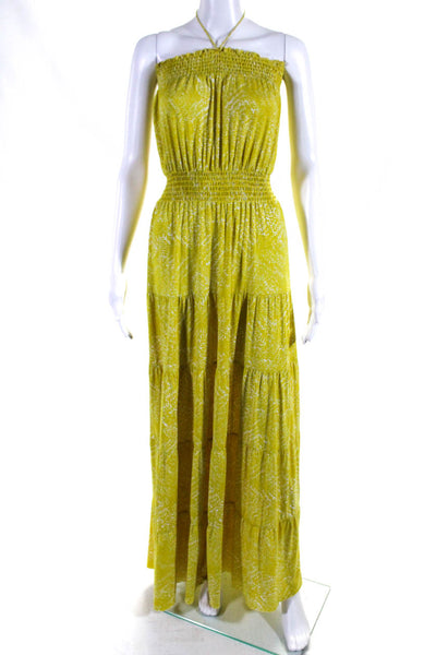 T Bags Los Angeles Womens Abstract Print Ruched Halter Maxi Dress Yellow Size M