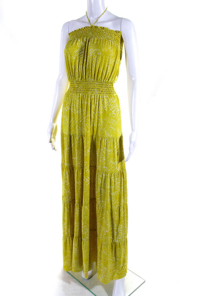 T Bags Los Angeles Womens Abstract Print Ruched Halter Maxi Dress Yellow Size M