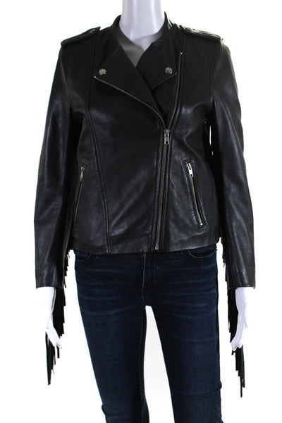 Maje Womens Asymmetrical Leather Fringe Moto Jacket Navy Blue Size FR 40