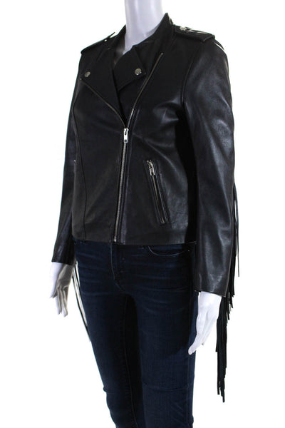 Maje Womens Asymmetrical Leather Fringe Moto Jacket Navy Blue Size FR 40