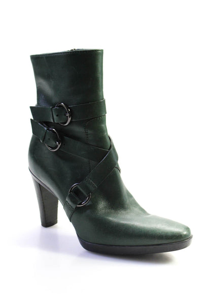 Tods Womens Leather Strappy Buckle Up Zip Up High Heel Ankle Boots Green Size 5
