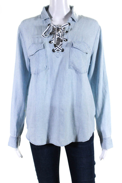 Rails Womens Lace Up Tied V Neck Collared Long Sleeved Blouse Light Blue Size S