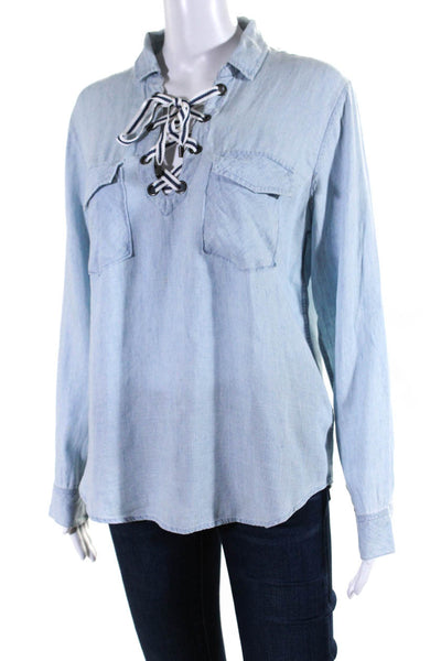Rails Womens Lace Up Tied V Neck Collared Long Sleeved Blouse Light Blue Size S