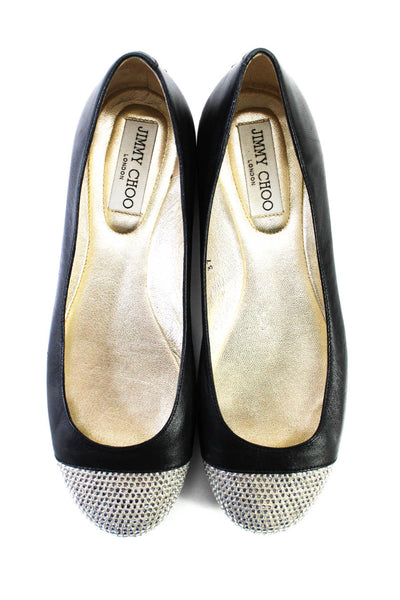 Jimmy Choo Womens Leather Rhinestone Cap Toe Flats Black Silver Tone Size 7