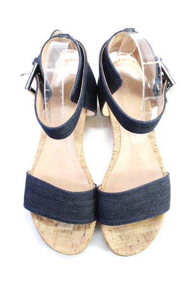 Gianvito Rossi Womens Denim Buckled Ankle Strap Flat Sandals Blue Tan Size 7