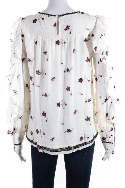 Joie Womens Floral Beaded Trim Ruffle Trim Long Sleeve Blouse White Size S