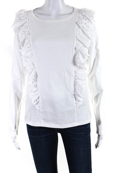 La Vie Womens Cotton Long Sleeve Lace Trim T shirt Blouse White Size M