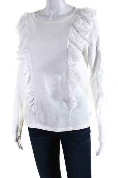 La Vie Womens Cotton Long Sleeve Lace Trim T shirt Blouse White Size M