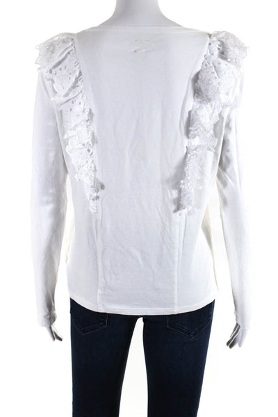 La Vie Womens Cotton Long Sleeve Lace Trim T shirt Blouse White Size M