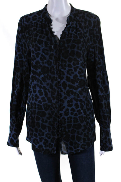 Joie Womens Leopard Print Long Sleeve Button Down Blouse Blue Size S