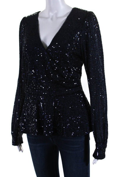 Parker Womens Long Sleeve Sequin V Neck Peplum Blouse Blue Size M