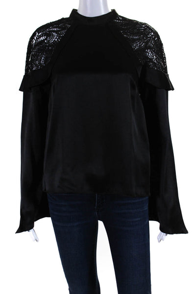 AMUR Womens Silk Long Bell Sleeve Lace Trim Blouse Black Size M