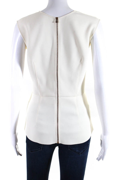 Designer Womens Front Zip Sleeveless Peplum Style Blouse White Size 12