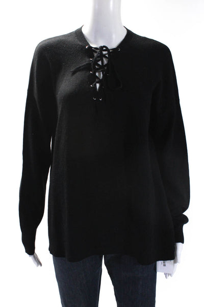 The Kooples Womens Lace Up V Neck Long Sleeves Sweater Black Wool Size Medium