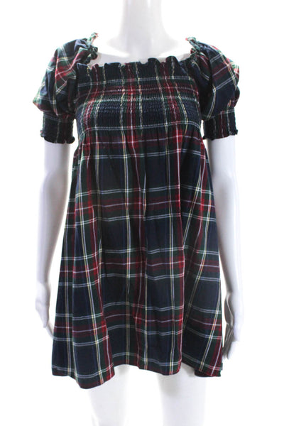 Hill House Womens The Nap Plaid Print Smocked Off-the-Shoulder Dress Red Size XS