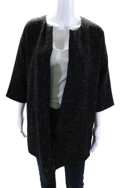 Eileen Fisher Women's Round Neck 3/4 Sleeves Open Front Cardigan Black Size S