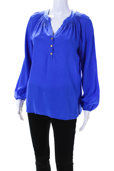 Lily Pulitzer Womens Silk V-Neck Buttoned Bishop Sleeve Blouse Top Blue Size XS