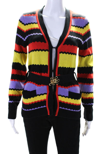 Milly Women's V-Neck Long Sleeves Hook Closure Stripe Multicolor Cardigan Size S