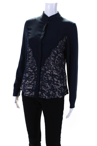 Aijek Women's Round Neck Long Sleeves Lace Trim Button Up Blouse Blue Size 3