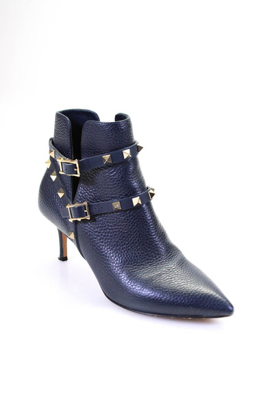 Valentino Garavani Womens Leather Studded Buckled Heeled Booties Blue Size 6.5
