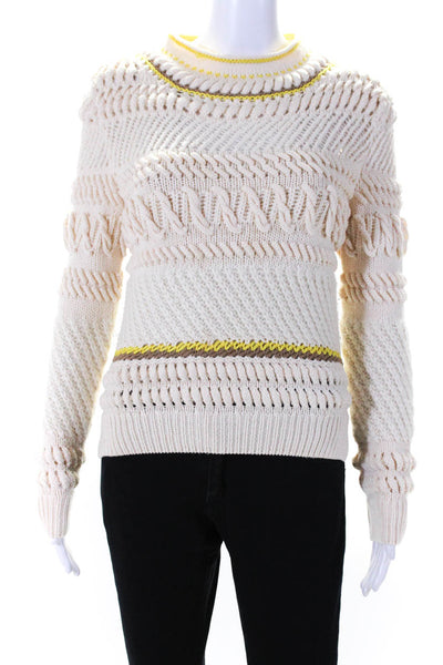 Chloe Womens Thick Knit High Neck Striped Pullover Sweater Ivory Yellow Size XS