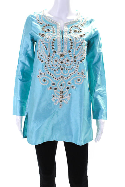 Sachin & Babi Womens Embroidered Taffeta Y Neck Tunic Blouse Blue Silk Small