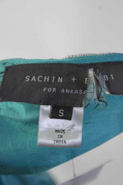 Sachin & Babi Womens Embroidered Taffeta Y Neck Tunic Blouse Blue Silk Small