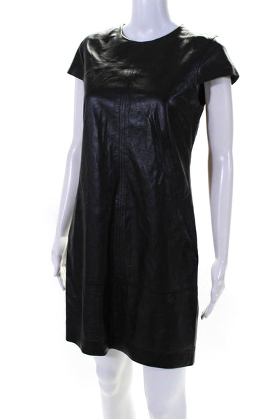 Vince Womens Crew Neck Cap Sleeve Mini Leather Sheath Dress Black Size 6