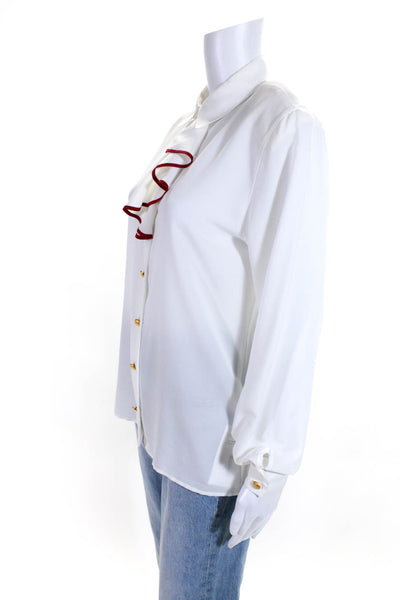 BASLER Womens Button Front Collared Ruffled Shirt White Red Size FR 36