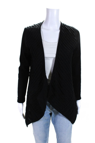 Eileen Fisher Womens Open Front Striped Knit Cardigan Sweater Black Wool Small