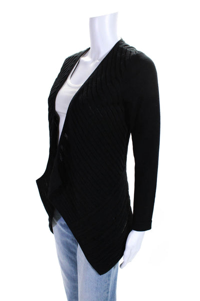 Eileen Fisher Womens Open Front Striped Knit Cardigan Sweater Black Wool Small